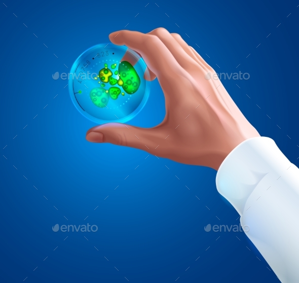 Hand of a Scientist in White Coat Holding Petri Dish - Health/Medicine Conceptual
