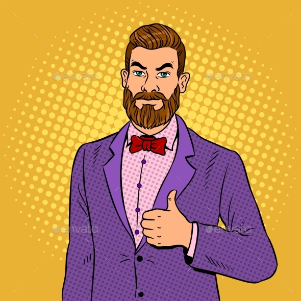 Man with Beard Thumbs Up Pop Art Vector - People Characters