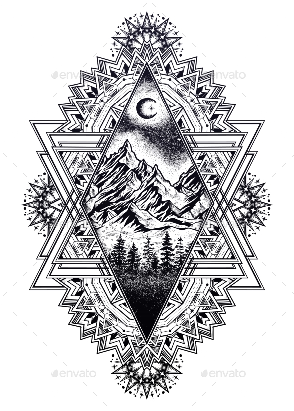 Decorative Ornate Frame Forest Mountain Landscape. - Landscapes Nature