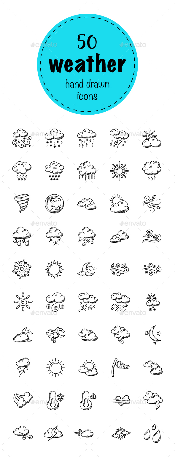 50 Hand Drawn Doodle Weather Icons - Icons