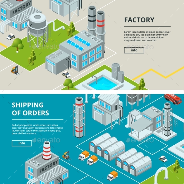 Horizontal Banners with Industrial Buildings - Objects Vectors