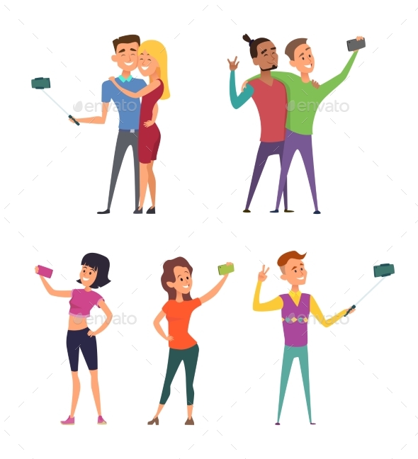 Funny Characters Male and Female Make Selfie - People Characters