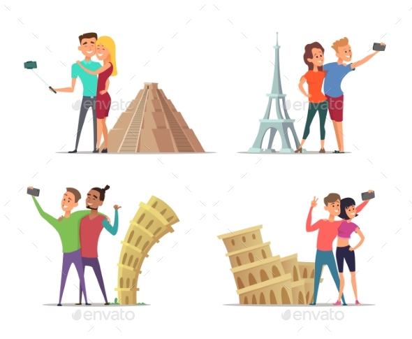 Happy Couples Make Selfie Near Landmarks. Vector - People Characters