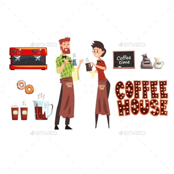 Smiling Bearded Man with Cezve and Woman Barista - People Characters