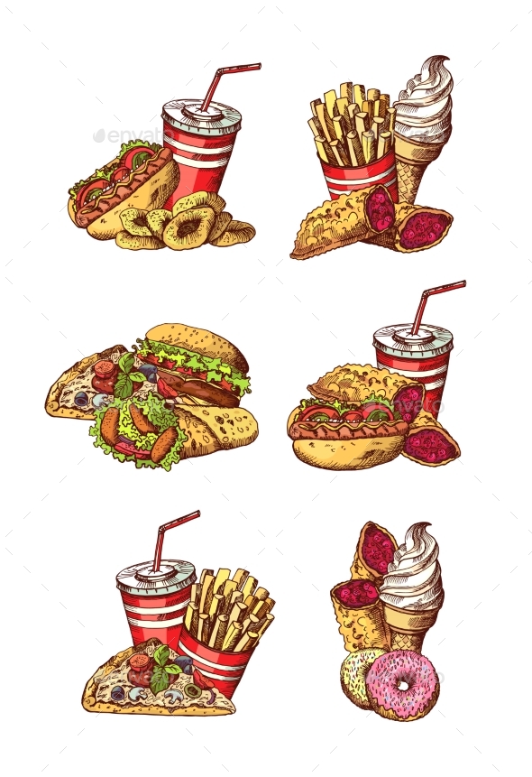 Vector Set of Hand Drawn Colored Fast Food - Food Objects