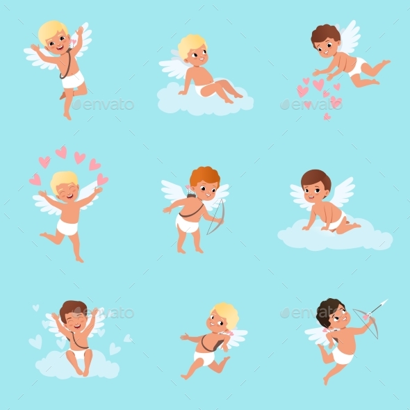 Set of Cupid Boys in Different Actions - People Characters