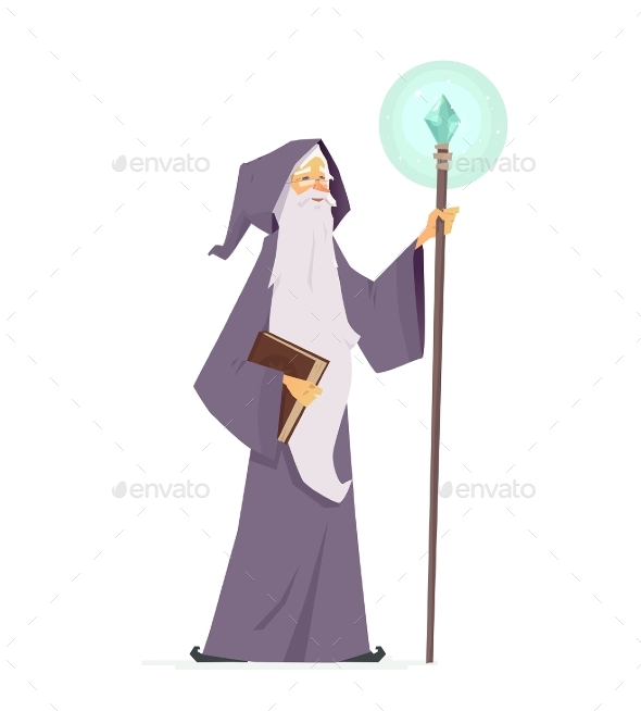 Wizard with Magic Book and Wand - Cartoon People - People Characters