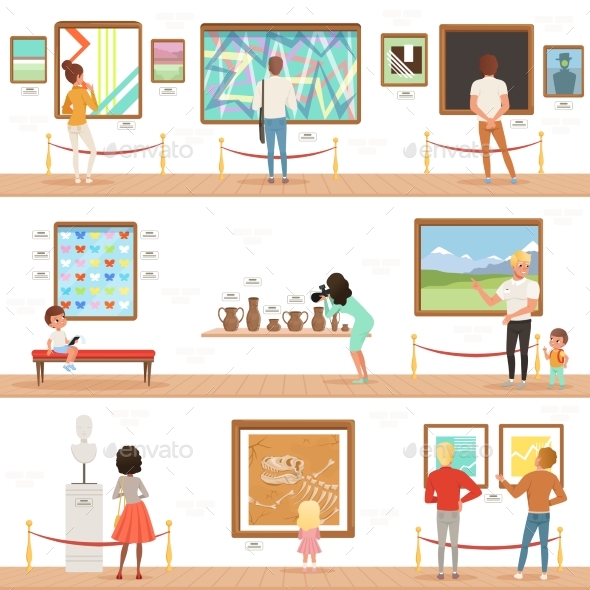 Cartoon Characters People Visitors in Art Museum - People Characters