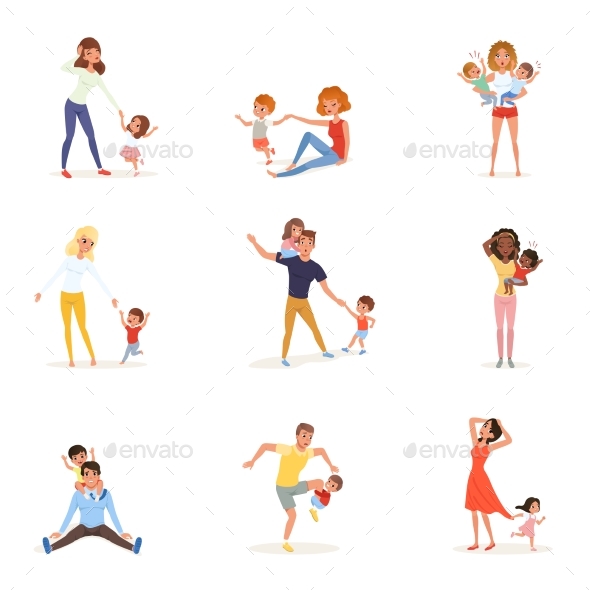 Set of Tired Parents with Children - People Characters