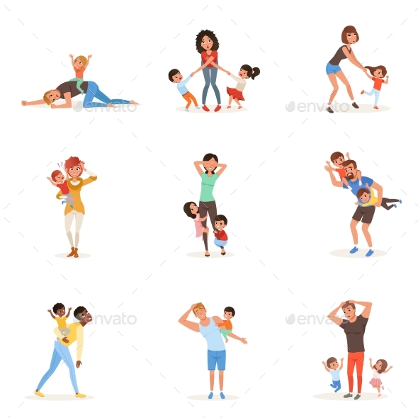 Cartoon Set of Tired Young Parents - People Characters