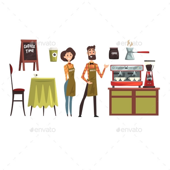 Happy Man and Woman Barista Wearing Plaid Shirts - People Characters