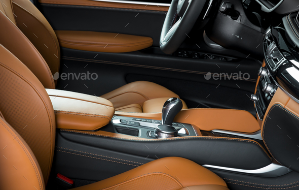 Car dashboard, modern luxury interior, steering wheel - Stock Photo - Images