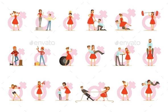 Woman in Red Dress Taking on Traditional Male - Miscellaneous Vectors