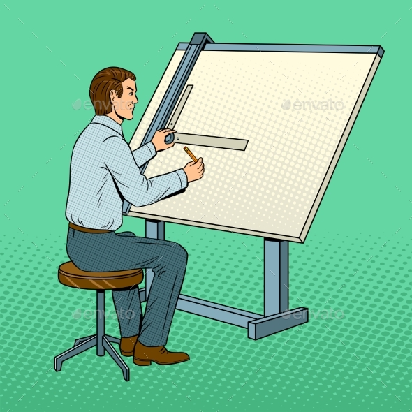 Old School Engineer Pop Art Vector Illustration - People Characters