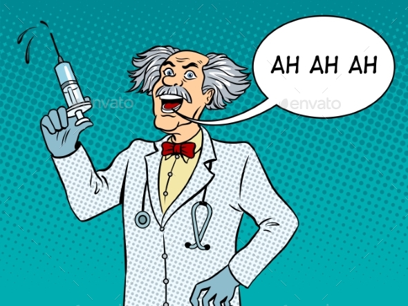 Mad Doctor with Syringe Pop Art Vector - People Characters