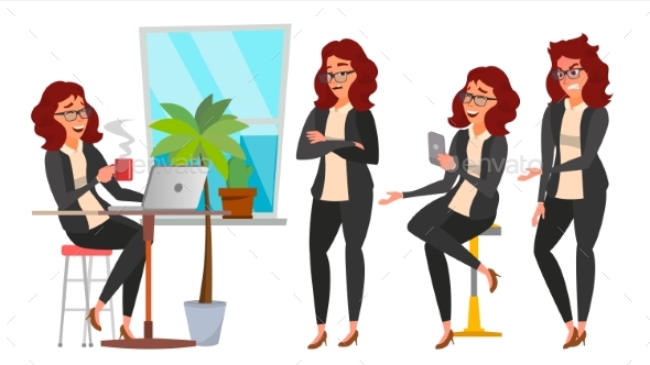 Business Woman Character Set Vector. Working - Business Conceptual
