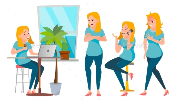 Business Woman Character Set Vector. Working - Business Conceptual
