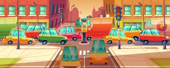 Vector Illustration of City Crossroads, Rush Hour - Man-made Objects Objects