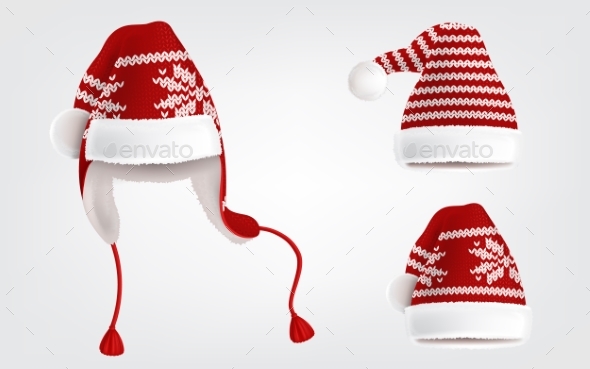 Set of Three Knitted Santa Hats with Pattern - Christmas Seasons/Holidays