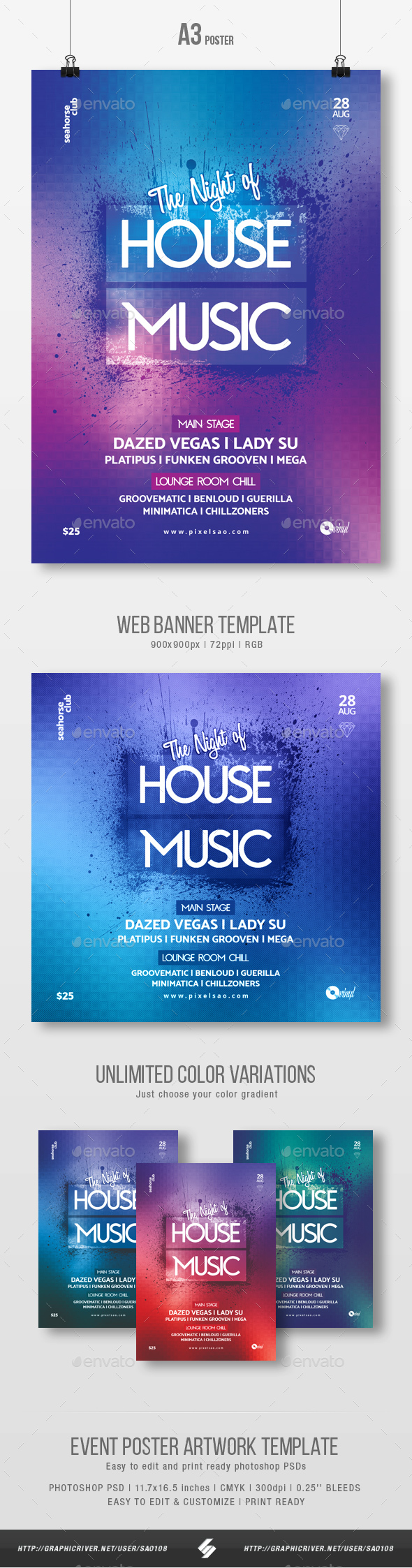 House Music Party Flyer / Poster Template A3 - Clubs & Parties Events