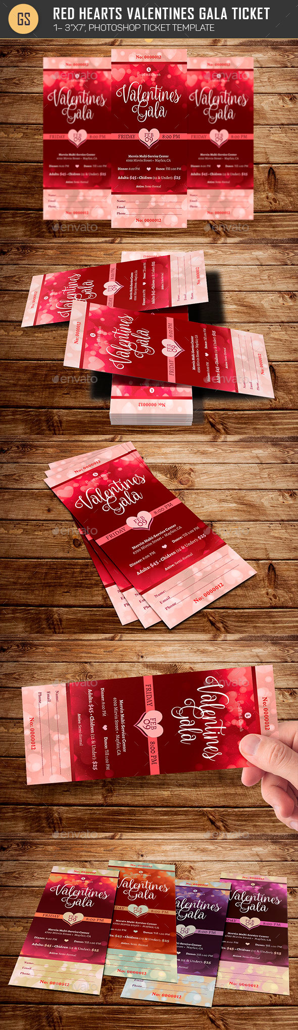 Red Hearts Valentines Gala Ticket Template - Miscellaneous Print Templates