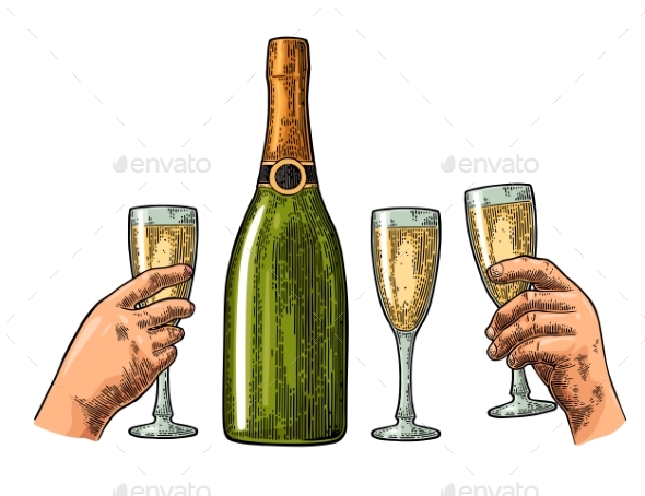 Bottle of Champagne and Hands Holding Glass - Food Objects
