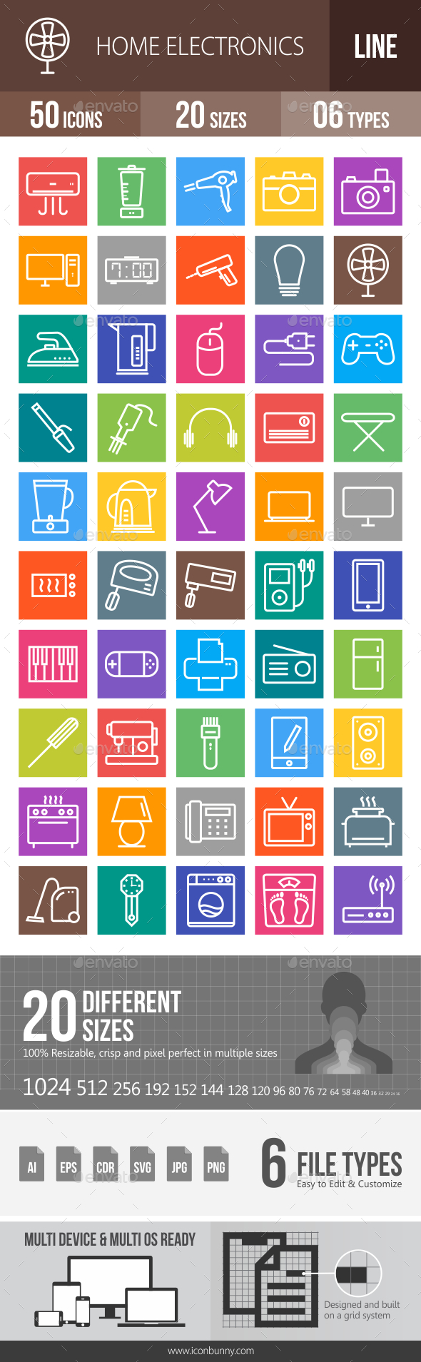 50 Home Electronics Line Multicolor B/G Icons - Icons