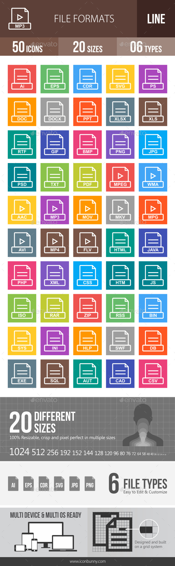 50 File Formats Line Multicolor B/G Icons - Icons