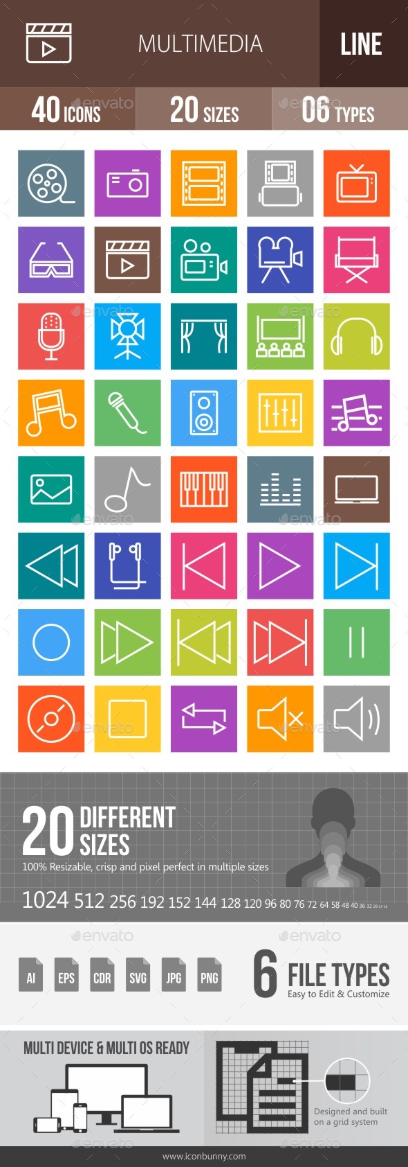 40 Multimedia Line Multicolor B/G Icons - Icons