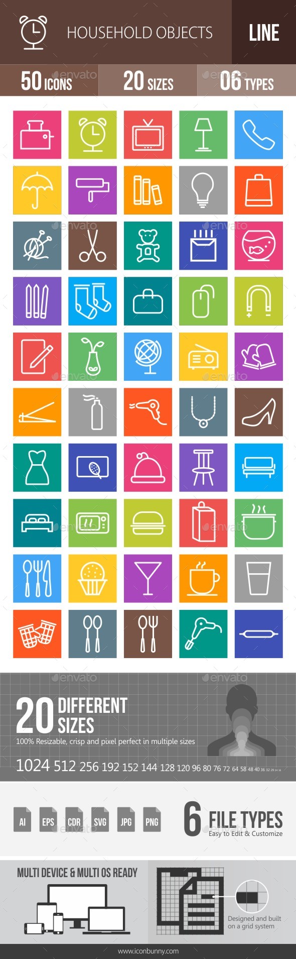 50 Household Objects Line Multicolor B/G Icons - Icons