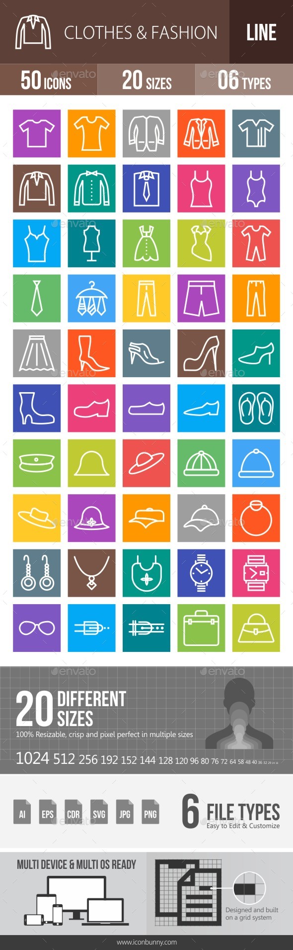 50 Clothes & Fashion Line Multicolor B/G Icons - Icons