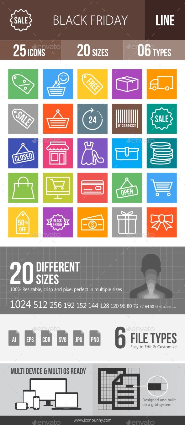 25 Black Friday Line Multicolor B/G Icons - Icons