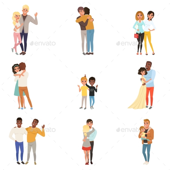 Set of Hugging People in Different Poses - People Characters