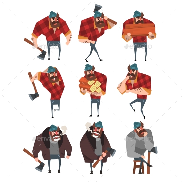 Cartoon Set of Lumberjack in Different Actions - People Characters