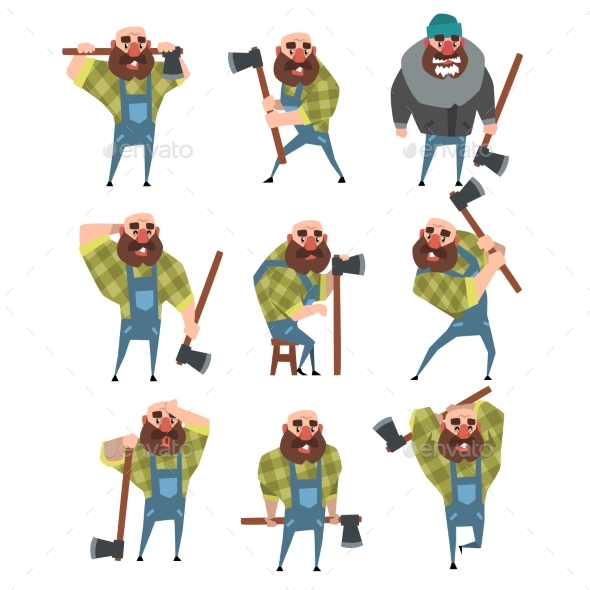 Set of Bald Lumberjack in Different Poses - People Characters