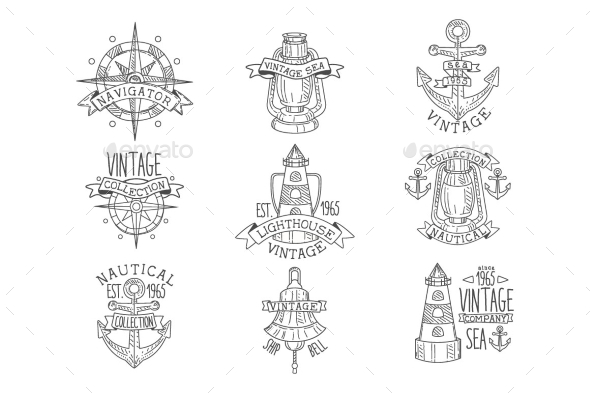 Vintage Sea Collection Black and White Emblems - Miscellaneous Vectors