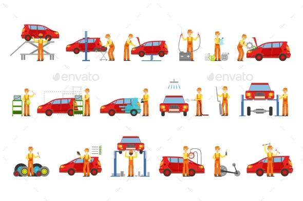 Car Repair Shop Services Set Of Illustrations - Services Commercial / Shopping