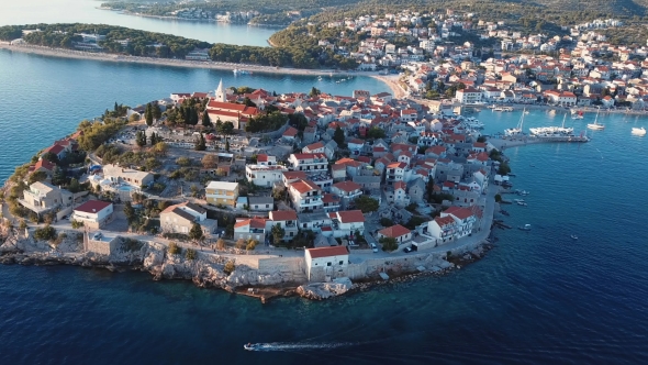 Sunset Flying Over Resort Adriatic Town Primosten, Croatia alt