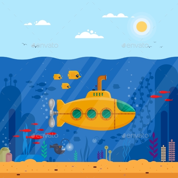 Yellow Submarine with Periscope Underwater Concept - Animals Characters