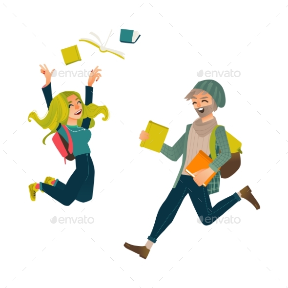 Students, Boy and Girl, Jumping From Happiness - People Characters
