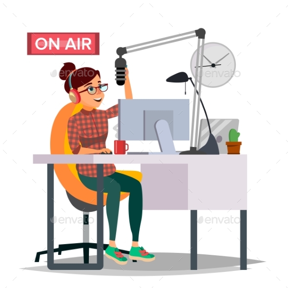 Radio DJ Woman Vector. Broadcasting. Modern Radio - People Characters