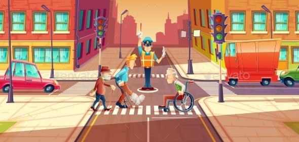 Vector Illustration of Crossing Guard Adjusting - Man-made Objects Objects