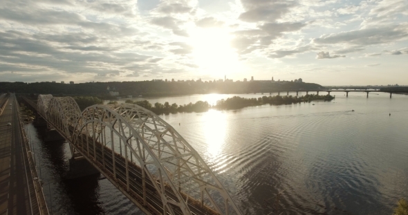 Kiev. Ukraine. The Bridge Across the Dnieper River Winter. Span Over the City with a Bird's-eye View