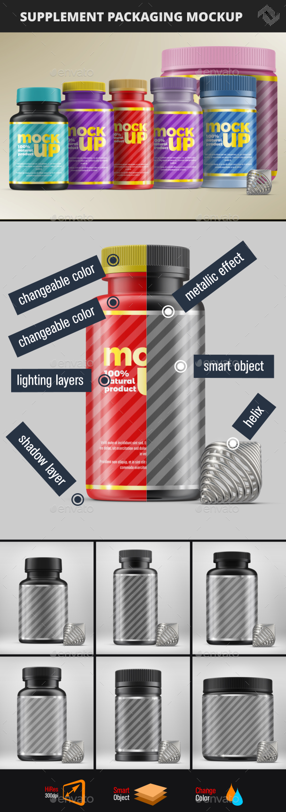 6 Supplement Bottle Jar Packaging Mockups - Product Mock-Ups Graphics