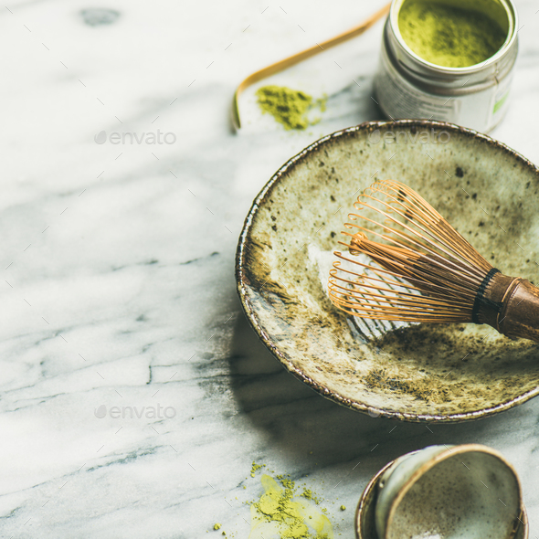 Japanese tools for brewing matcha tea, marble background, square crop - Stock Photo - Images
