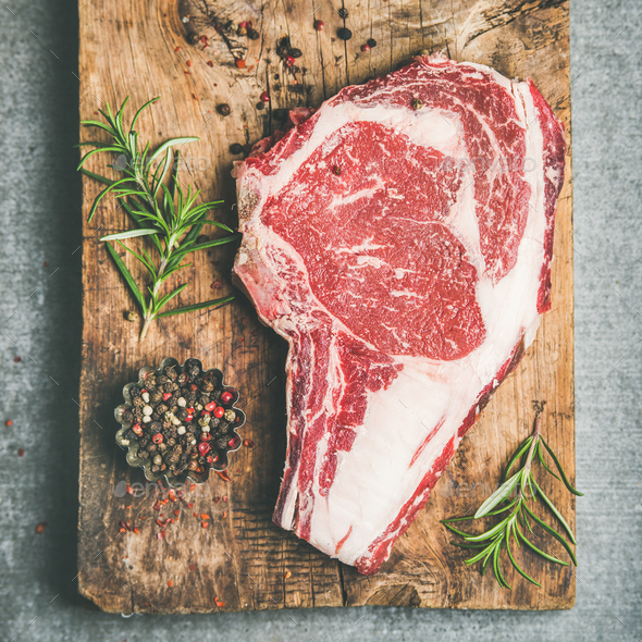 Raw prime beef meat dry-aged steak rib-eye, square crop - Stock Photo - Images