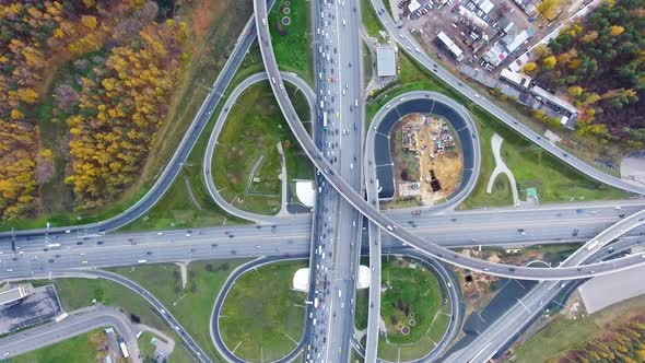 Drone Flies Over the Road Urban Junction. Highway in Moscow. Bird's Eye View