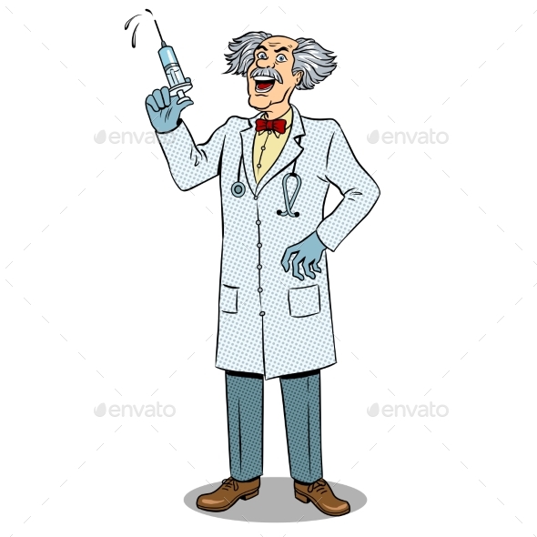 Mad Doctor with Syringe Pop Art Vector - People Characters
