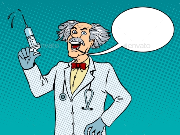 Mad Doctor with Syringe Pop Art Vector - People Characters