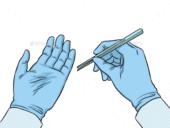 Hands of Scientist in Glove Pop Art Vector - Technology Conceptual